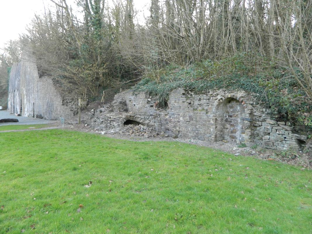 Kilgetty Ironworks, Stepaside: ruinous front elevation of block of beehive coke ovens, viewed from north east.
