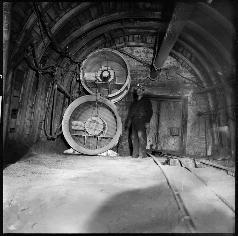 Black and white film negative showing underground auxilliary fans,  Abercynon Colliery 1978.  'Abercynon 1978' is transcribed from original negative bag.