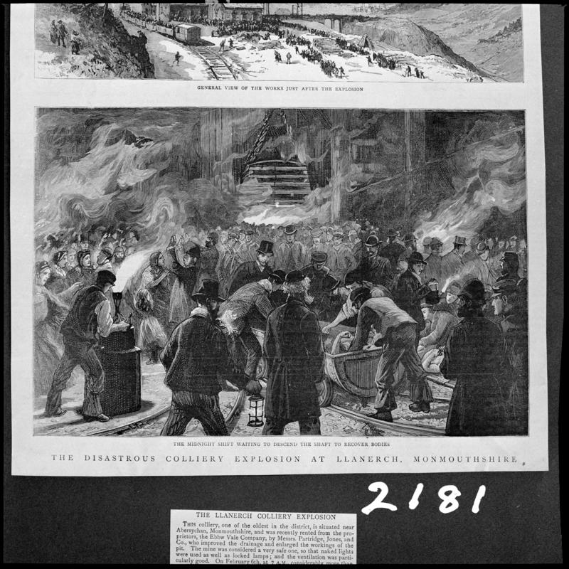 Black and white film negative showing scenes at Llanerch Colliery following the explosion on 6 February 1890, sketched illustration photographed from a publication.  Caption below illustration reads 'the midnight shift waiting to descend the shaft to recover bodies'.  'Llanerch' is transcribed from original negative bag.