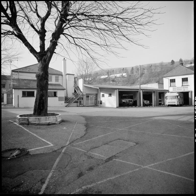 Black and white film negative showing Dinas Mines Rescue Station.  'Mines Rescue' is transcribed from original negative bag.