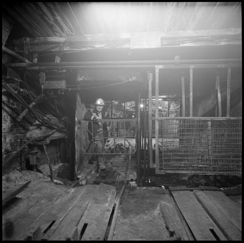 Black and white film negative showing pit bottom, Lewis Merthyr Colliery.