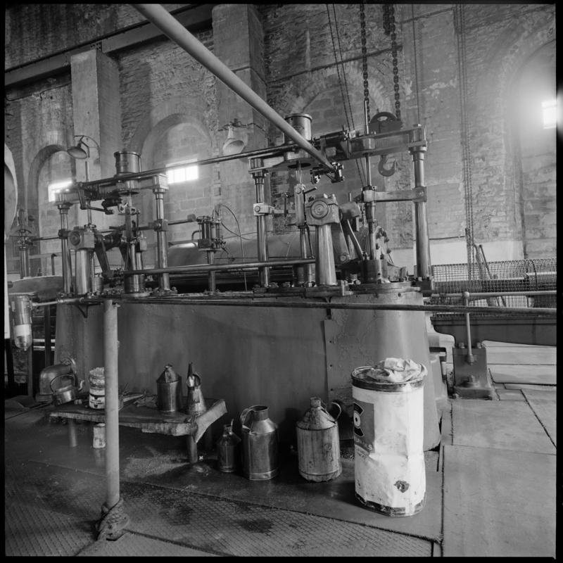Black and white film negative showing part of a steam winding engine,  Lewis Merthyr Colliery.  'Lewis Merthyr' is transcribed from original negative bag.