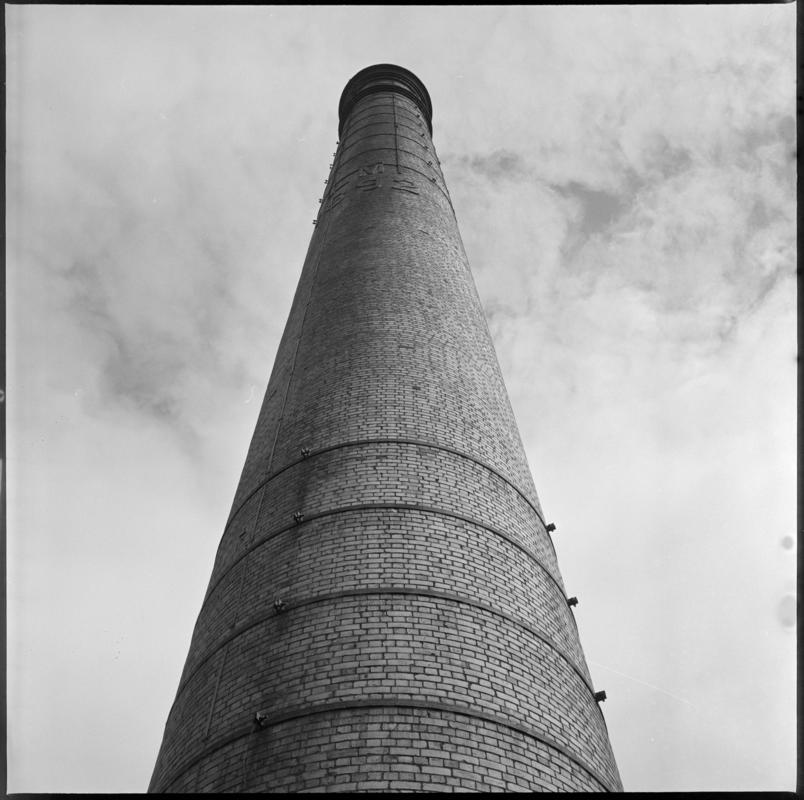 Black and white film negative showing a chimney, Lewis Merthyr Colliery.