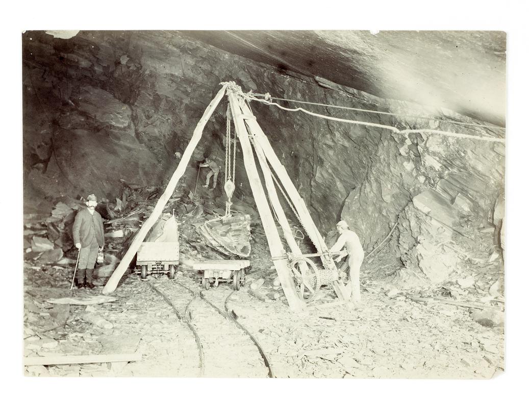 Pillar of slate being loaded on to a wagon at one of the underground chambers at Maenofferen slate mines, Blaenau Ffestiniog
