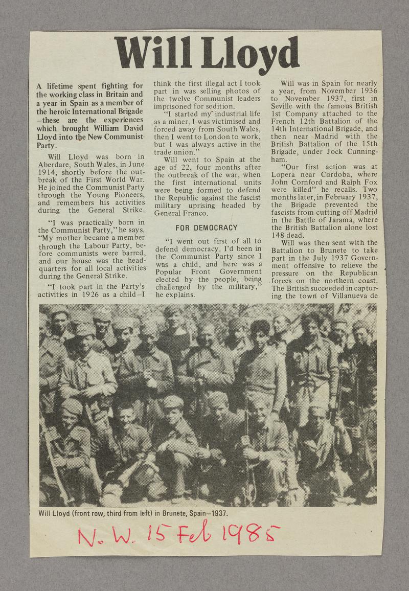 Newspaper cutting (15/2/1985) concerning International Brigader Will Lloyd. Black print with black and white photograph.