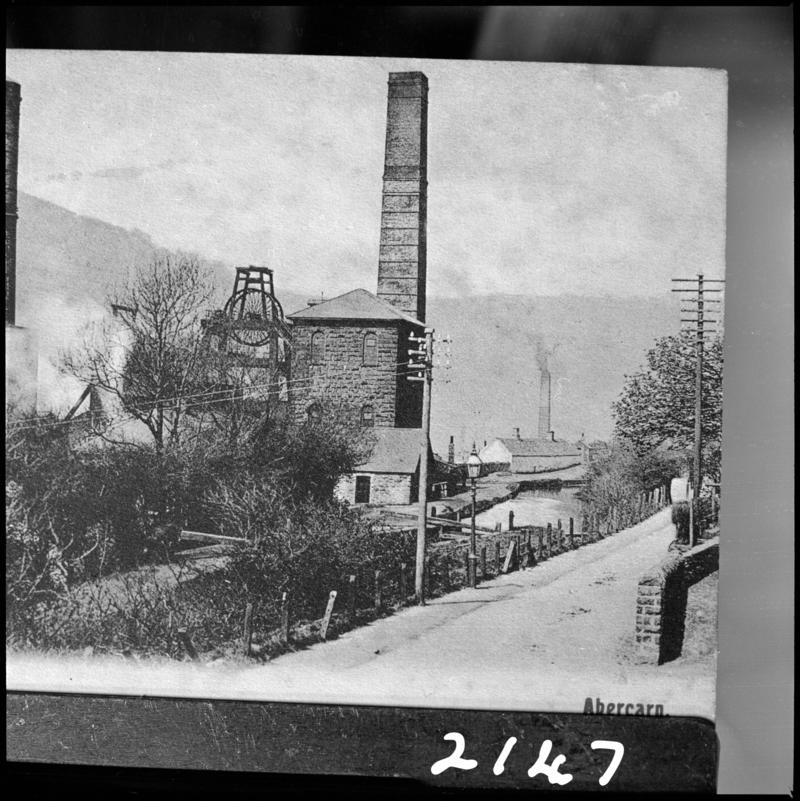 Black and white film negative of a photograph showing a general surface view of Prince of Wales Colliery, Abercarn.  'Prince of Wales Abercarn' is transcribed from original negative bag.