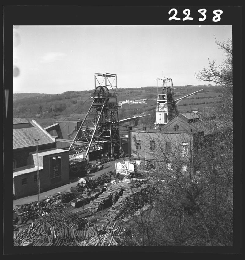 Black and white film negative showing the upcast and downcast shafts, Oakdale Colliery 16 April 1981.  'Oakdale 16 Apr 1981' is transcribed from original negative bag.