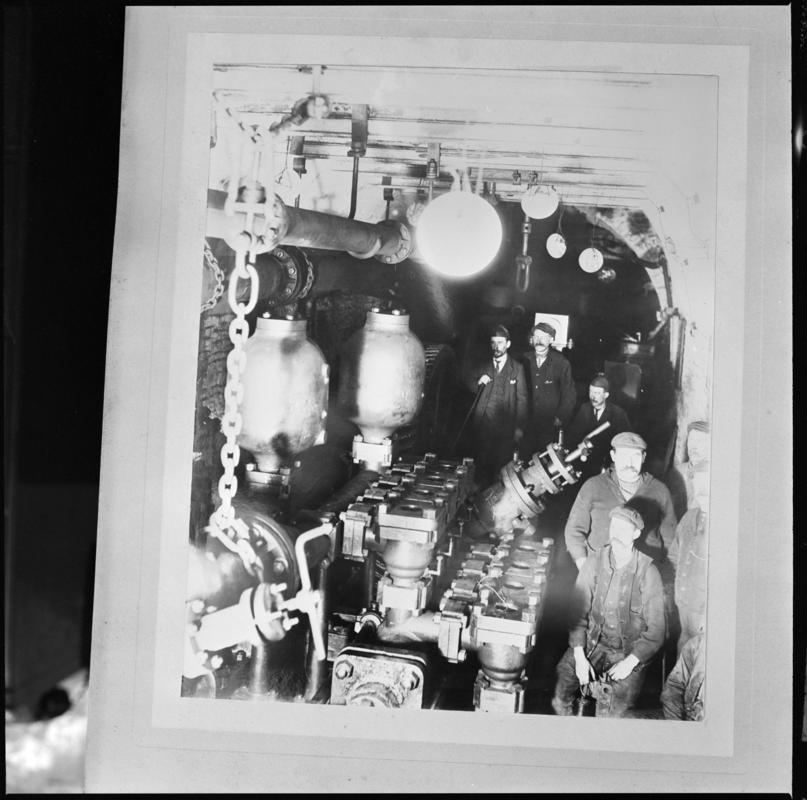 Black and white film negative of a photograph showing men in the engine house, Nixon's Navigation Colliery ?c.1910.  Appears to be identical to 2009.3/2790.