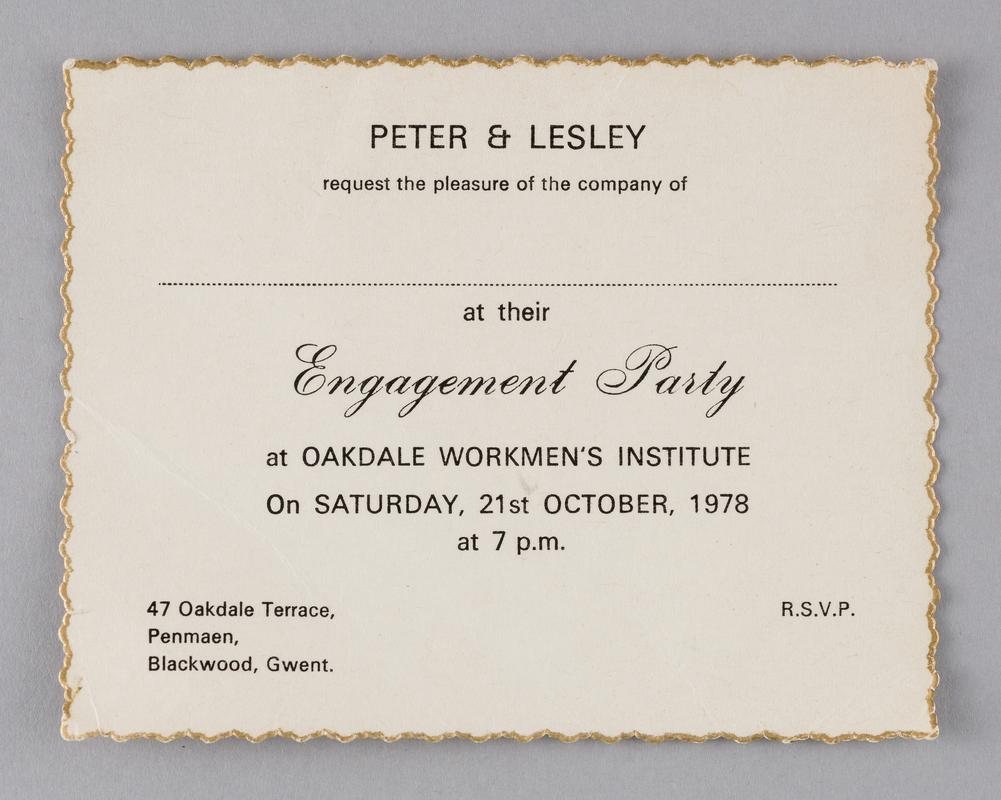 Printed invitation card to the engagement party of Lesley Dugmore and Peter Coles at the Oakdale Workmen's Institute, 21 October 1978