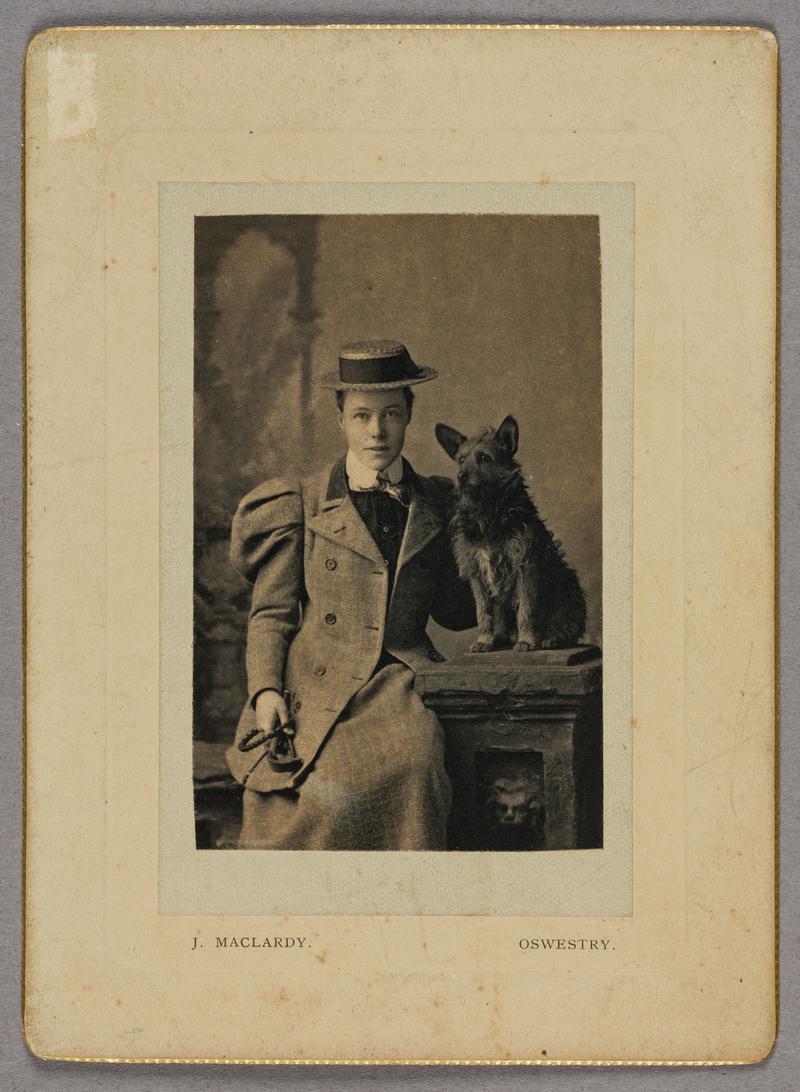 Photograph of Kate Williams Evans aged 31 years in 1898. Pictured with dog, "The Bogey Man"