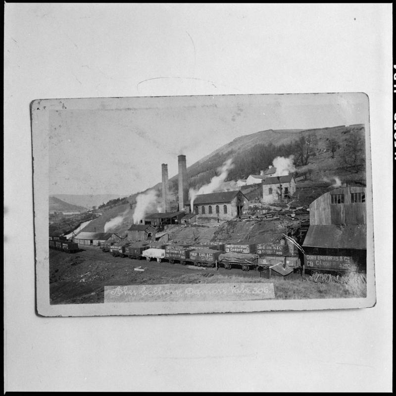 Black and white film negative of a photograph showing a surface view of Aber Colliery.  'Aber' is transcribed from original negative bag.