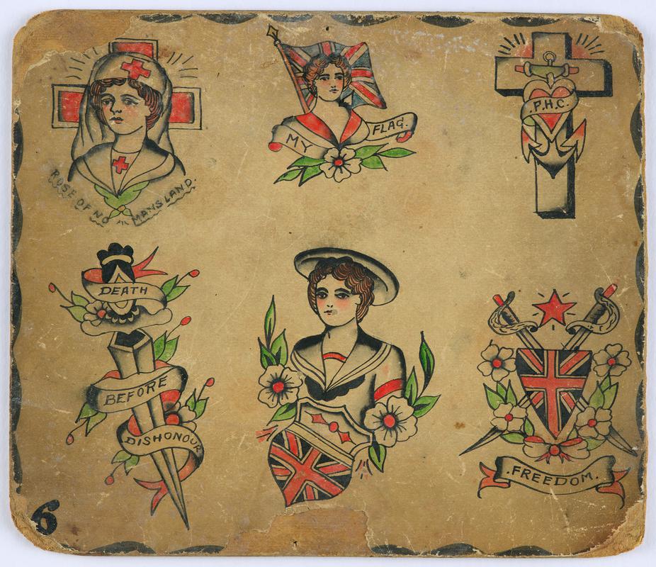 Jessie Knight tattoo flash with sailor, Union Jack, nurse and crosses.