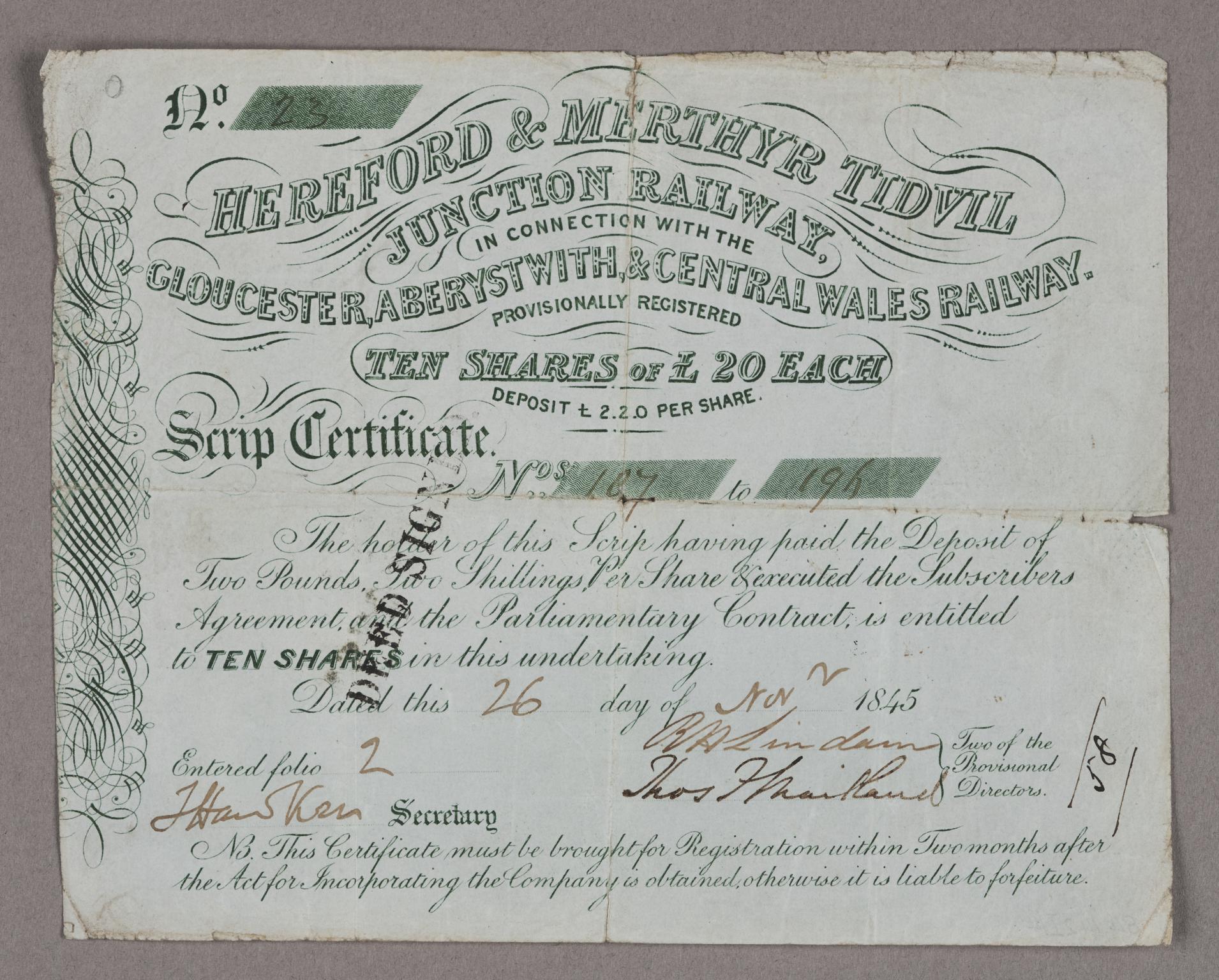Hereford & Merthyr Tidvil Junction Rly, share certificate