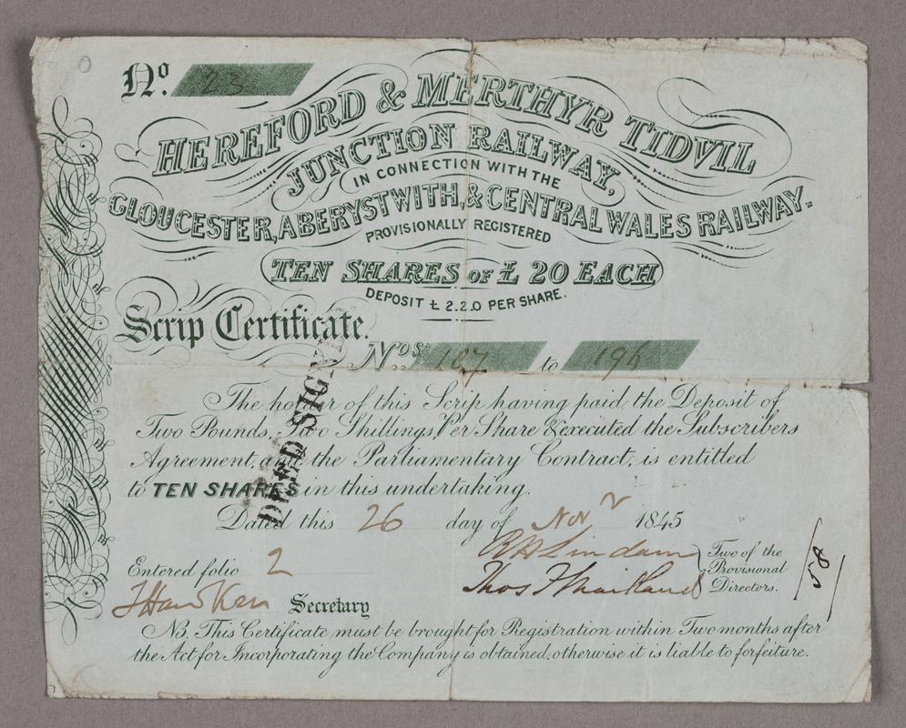 Hereford & Merthyr Tidvil Junction Rly, share certificate