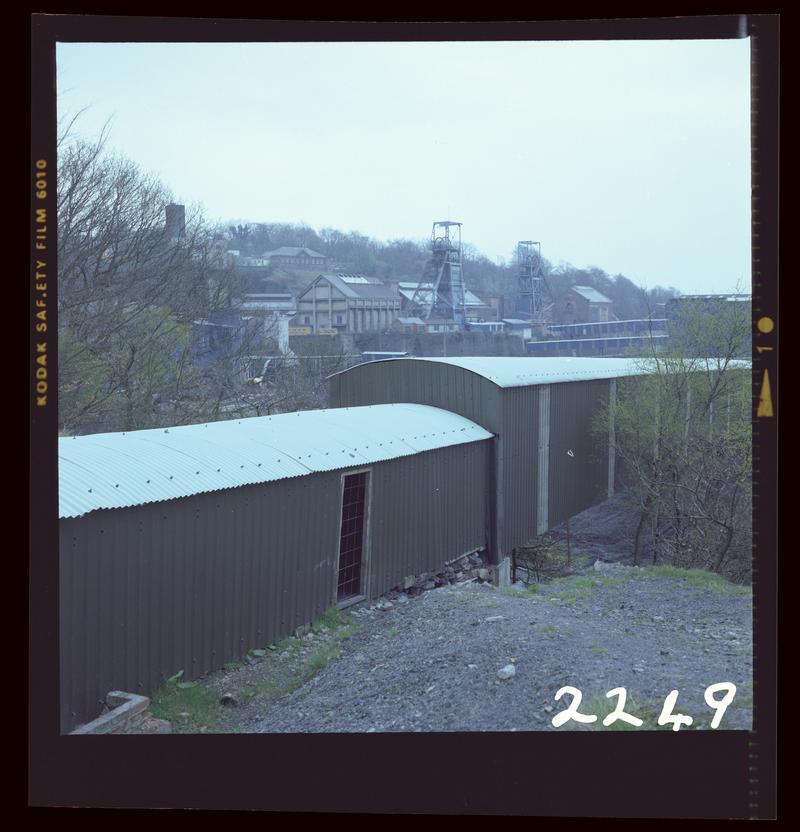 Colour film negative showing a surface view of Oakdale Colliery, 16 April 1981.  'Oakdale 16/4/81' is transcribed from original negative bag.  Appears to be identical to 2009.3/1748.
