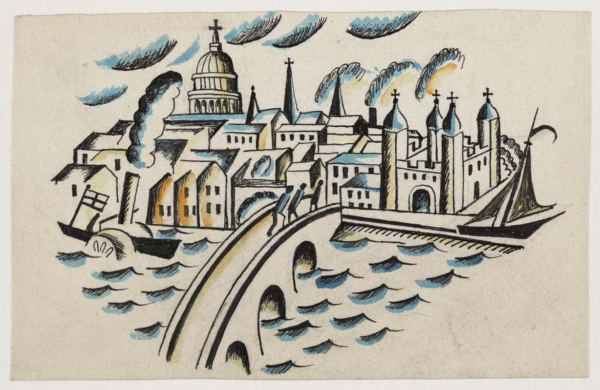 Frontispiece for "The Town Child's Alphabet" - Detail - View of London Bridge and St Pauls