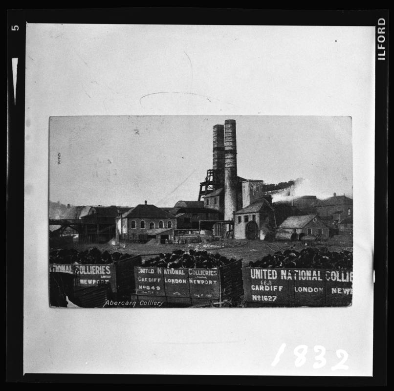 Black and white film negative of a photograph showing a surface view of Prince of Wales Colliery, Abercarn.