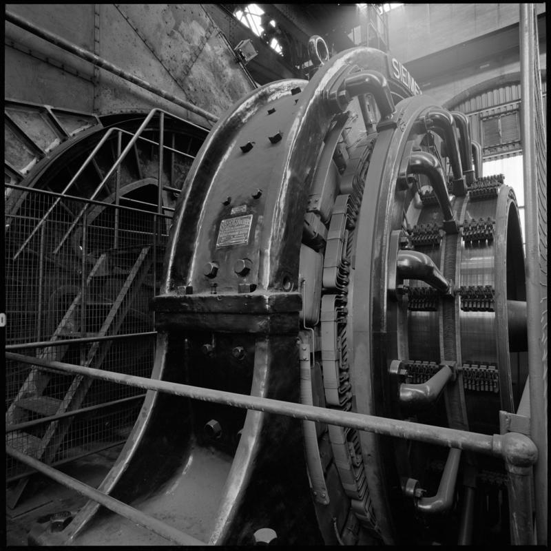 Black and white film negative showing the Siemens Electric winder, Britannia Colliery.  'Britannia' is transcribed from original negative bag.