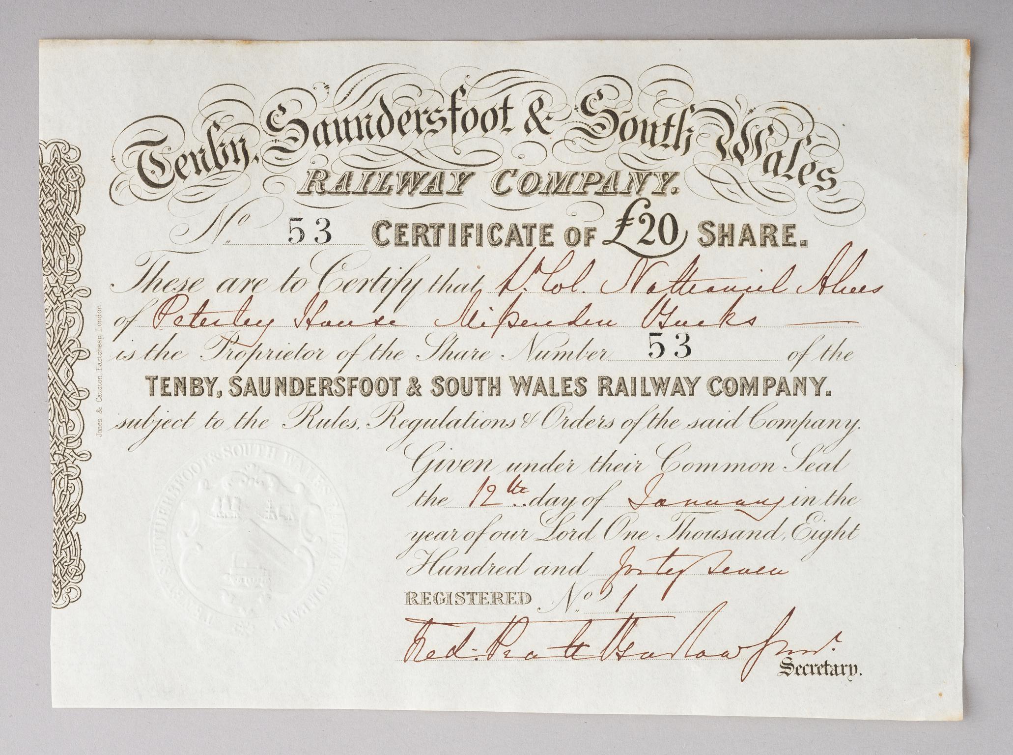 Tenby, Saundersfoot & S.W. Railway Co., share certificate