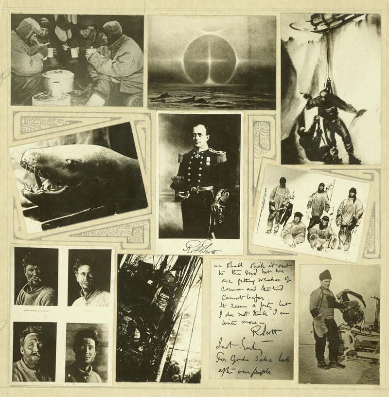 Composite photographs relating to Scott's expedition to the Antarctic 1912/1913. Includes a picture of Scott, four of the officers (P.Keohane and C.S.Wright) and a copy of Scott's written message before his death.