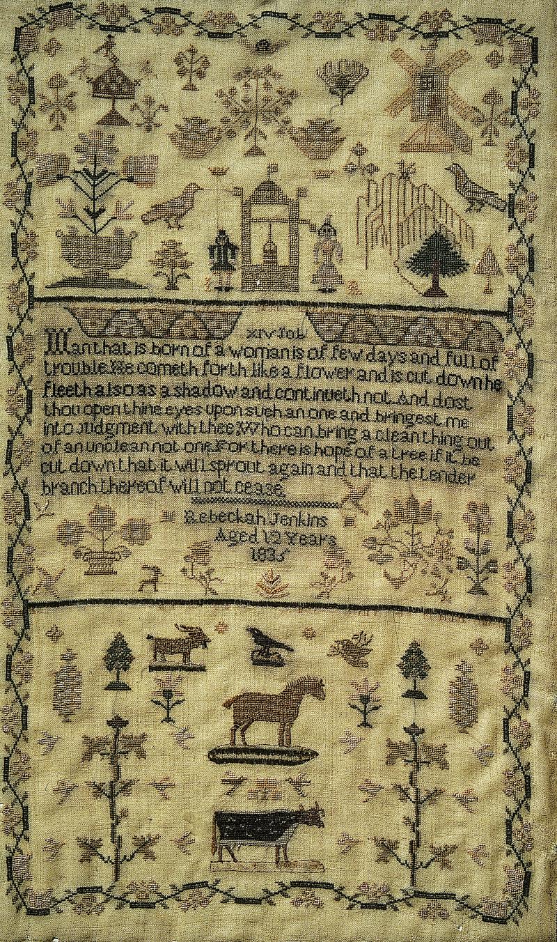 Sampler (motifs & Biblical verse), made in Wales, 1835