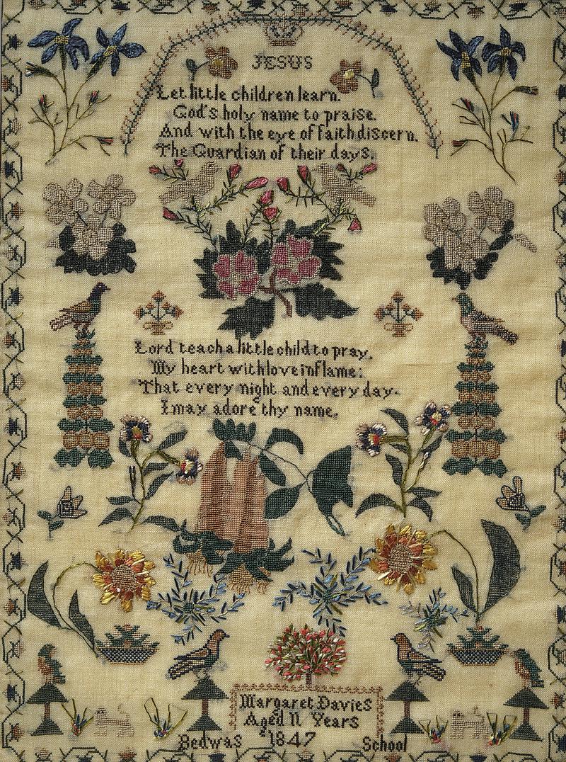Sampler (school, verse & motifs), made in Bedwas, 1847