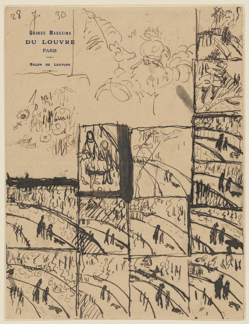 Figures walking along a road