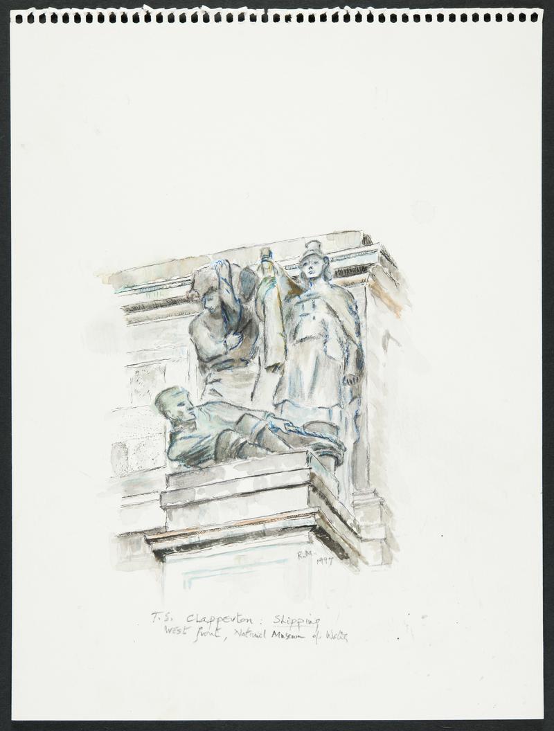 Drawing by Rosemary Markham of sculpture on the West Front of the National Museum of Wales, Cardiff, representing 'Shipping'