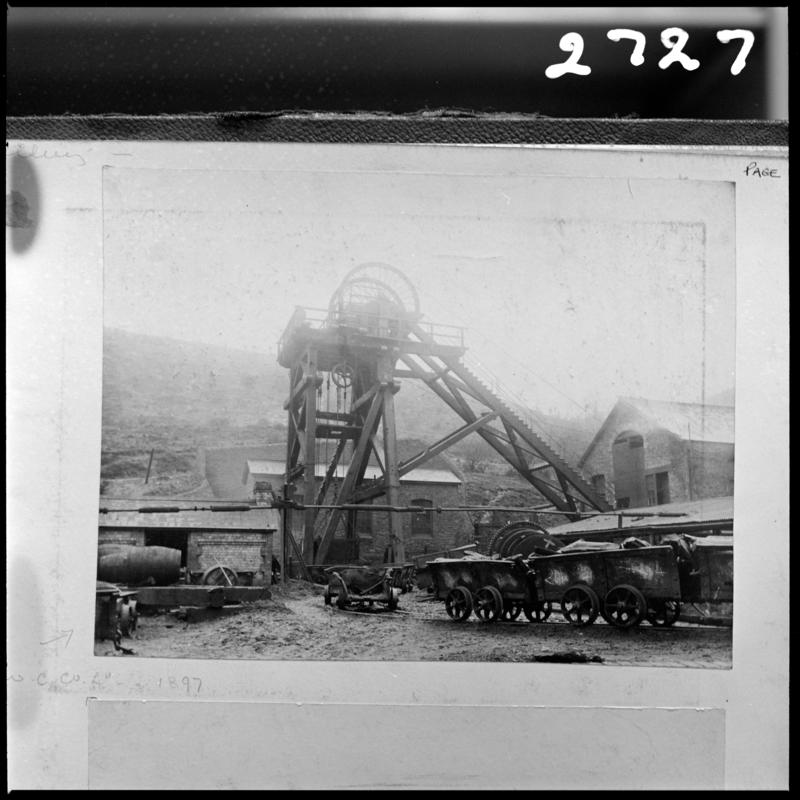 Black and white film negative of a photograph showing a surface view of Penrhiw Colliery, 1897.  'Penrhiw' is transcribed from original negative bag.