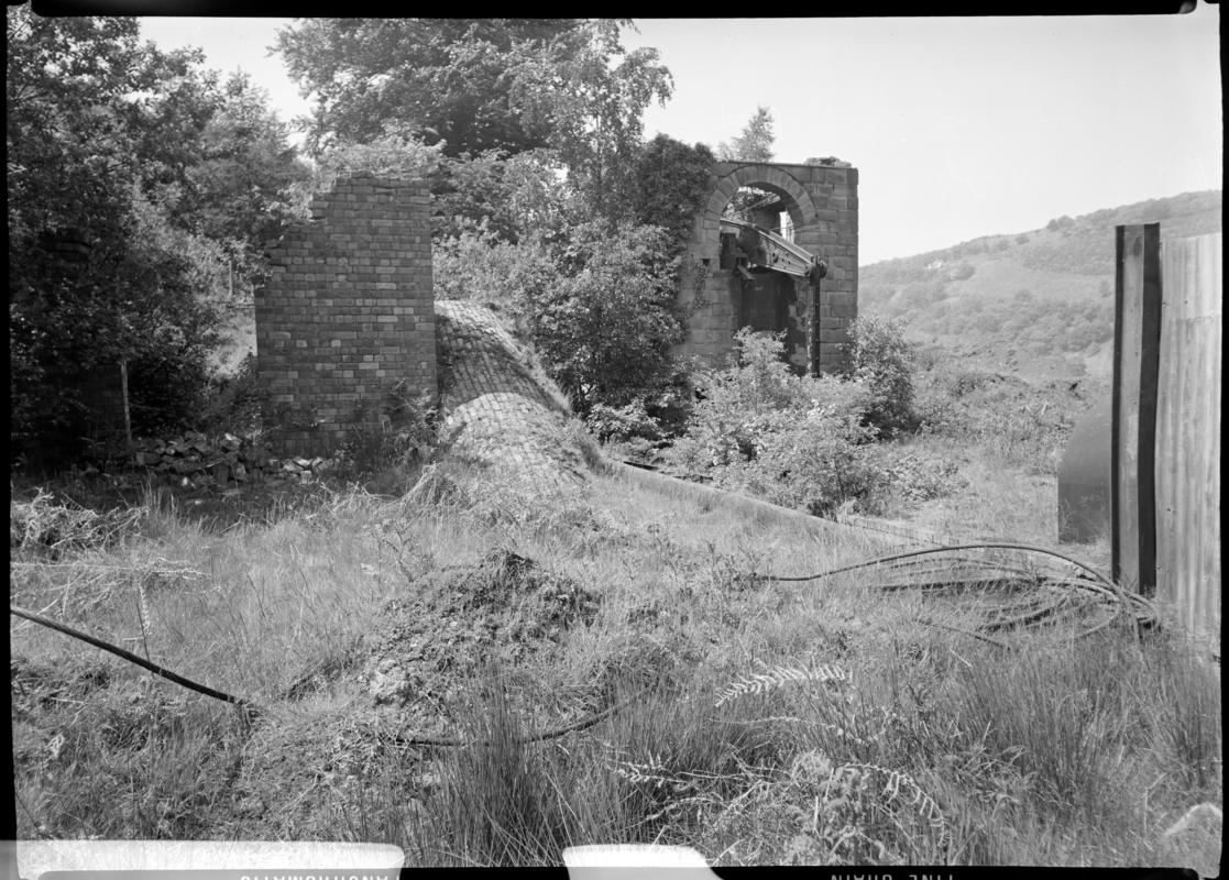 Black and white film negative showing the Neath Abbey pumping engine, Glyn Pits 1971.  'Glyn Pits 1971'  is transcribed from original negative bag.