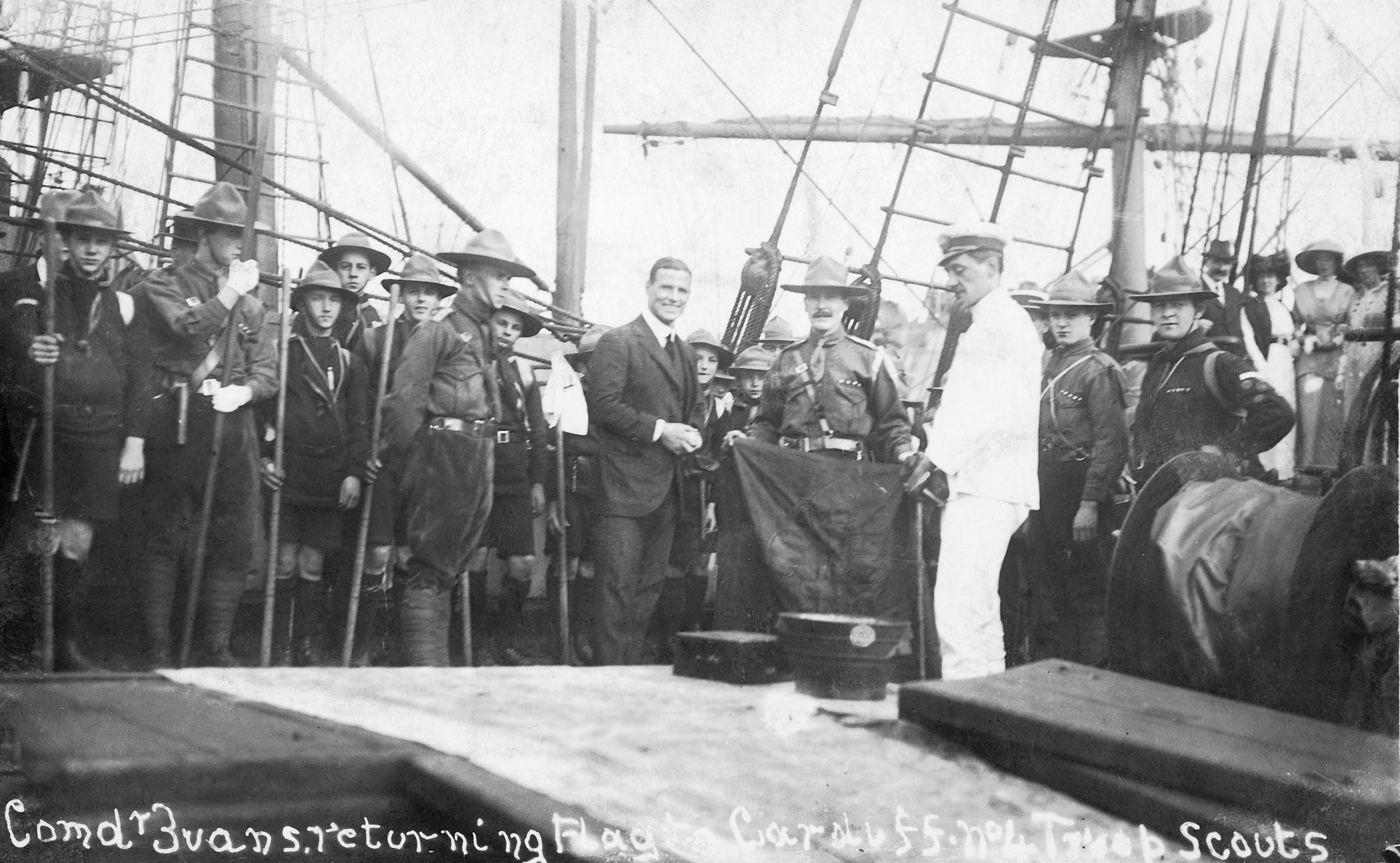 Comdr Evans returning Flag to Cardiff no4 Troop Scouts (postcard)