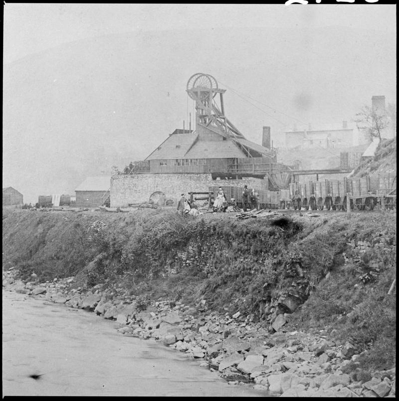 Film negative of a photograph showing a general surface view of Cymmer Colliery, 1860s.   'Cymmer' is transcribed from original negative bag.