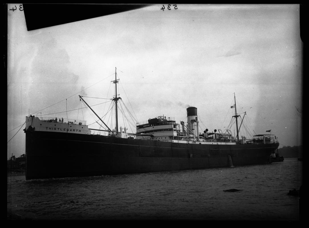 3/4 port bow view of S.S. THISTLEGARTH at Penarth Head, c.1936.