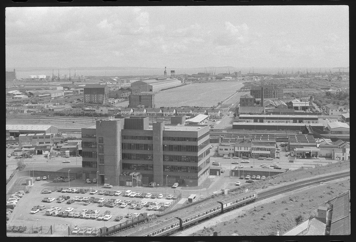 View from top of building on Churchill Way, with train passing in foreground.