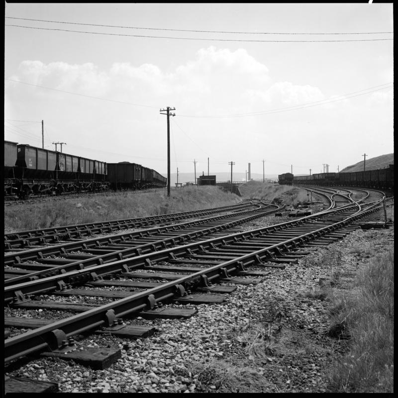 Black and white film negative showing rail tracks, Big Pit Colliery.