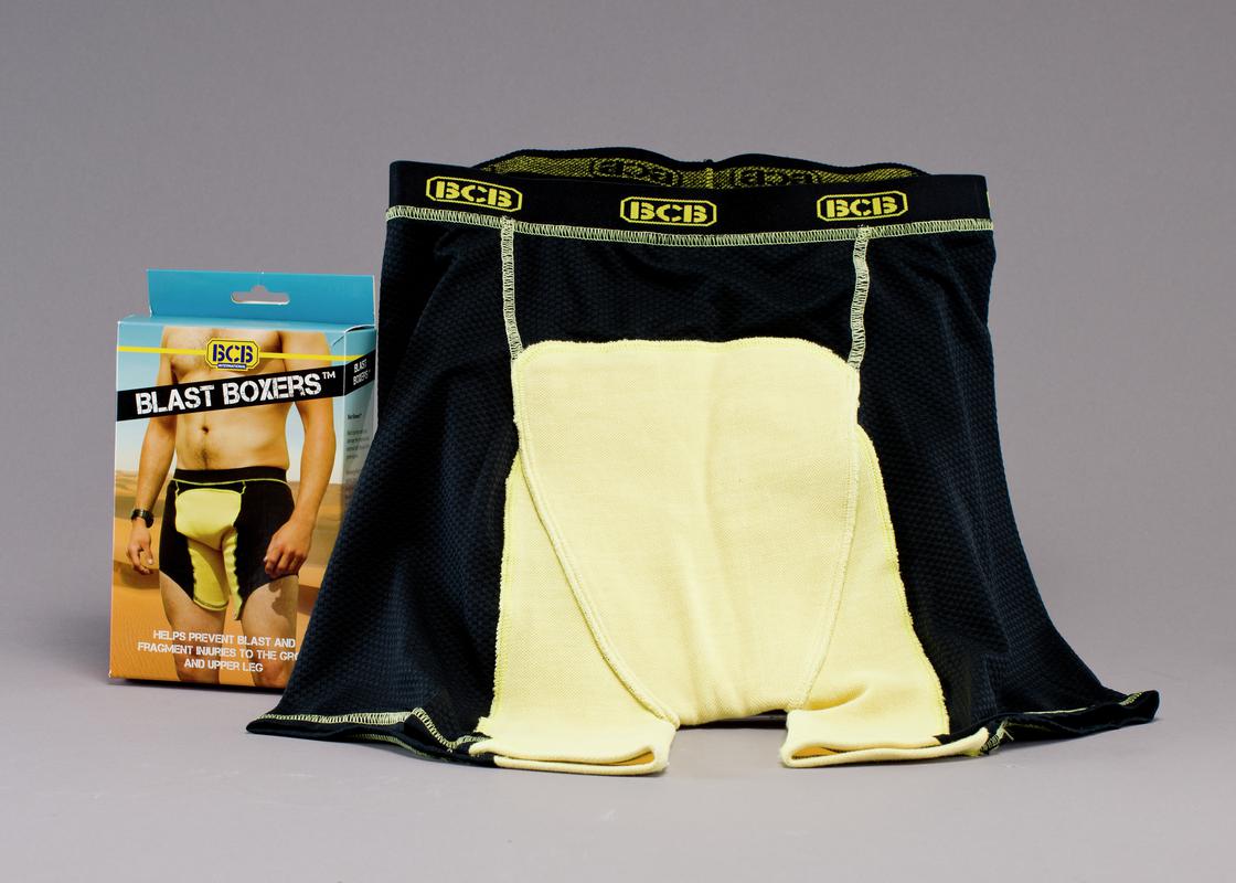 Blast Boxers' Protective boxer shorts made by BCB International Ltd. in box