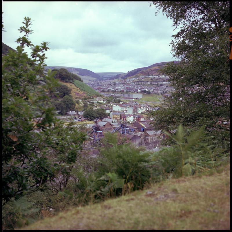 Colour film negative showing a view towards Six Bells Colliery.  'Six Bells' is transcribed from original negative bag.  Appears to be identical to 2009.3/1902.