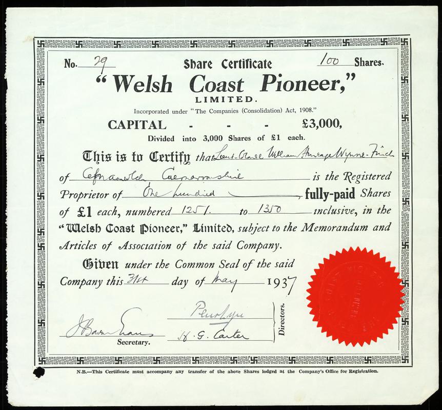 Share Certificate "Welsh Coast Pioneer Limited"
