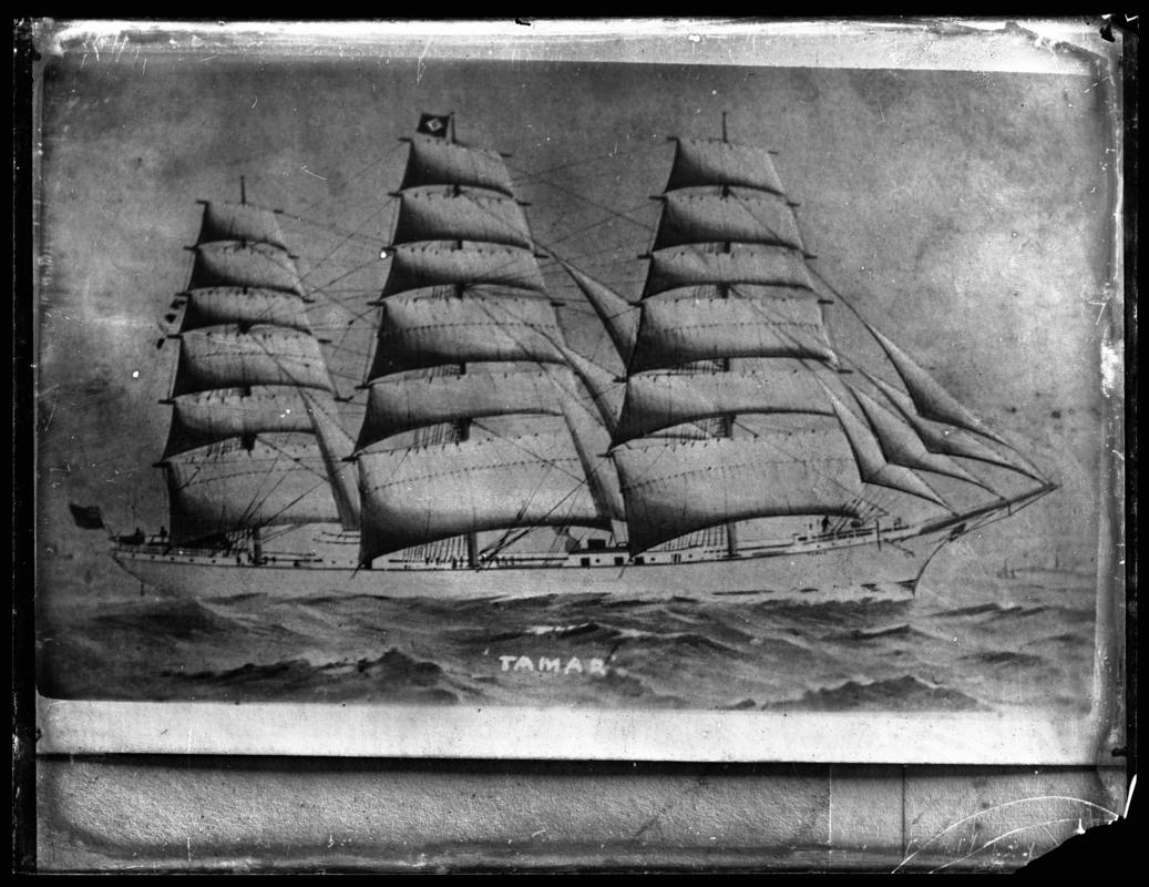 Photograph of a painting showing a starboard broadside view of the three-masted ship TAMAR.  Title of painting - TAMAR.



Broken glass negative.