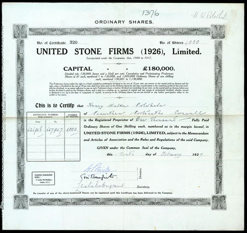 Share Certificate "United Stone Firms (1926) Limited"