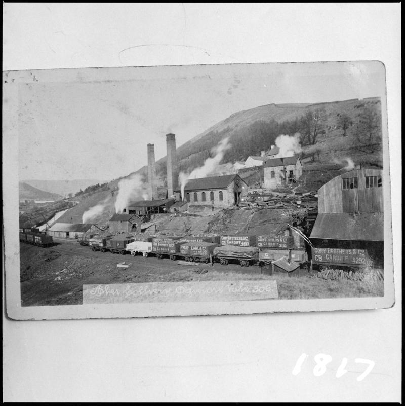 Black and white film negative of a photograph showing a surface view of Aber Colliery, Ogmore Vale.  'Aber Colliery' is transcribed from original negative bag.