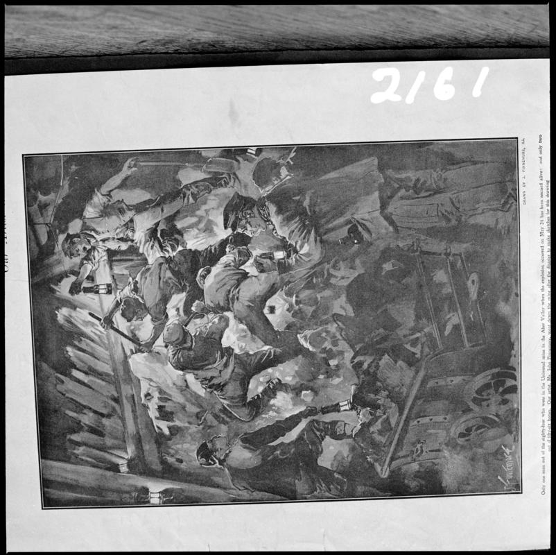 Black and white film negative showing the scene at Universal Colliery Senghenydd after the explosion of May 24th 1901, sketched illustration photographed from a publication.  'Senghenydd' is transcribed from original negative bag.