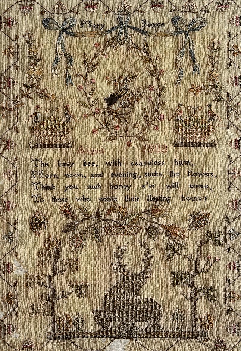 Sampler (verse, motifs & pictorial), made in Cardiff, 1808