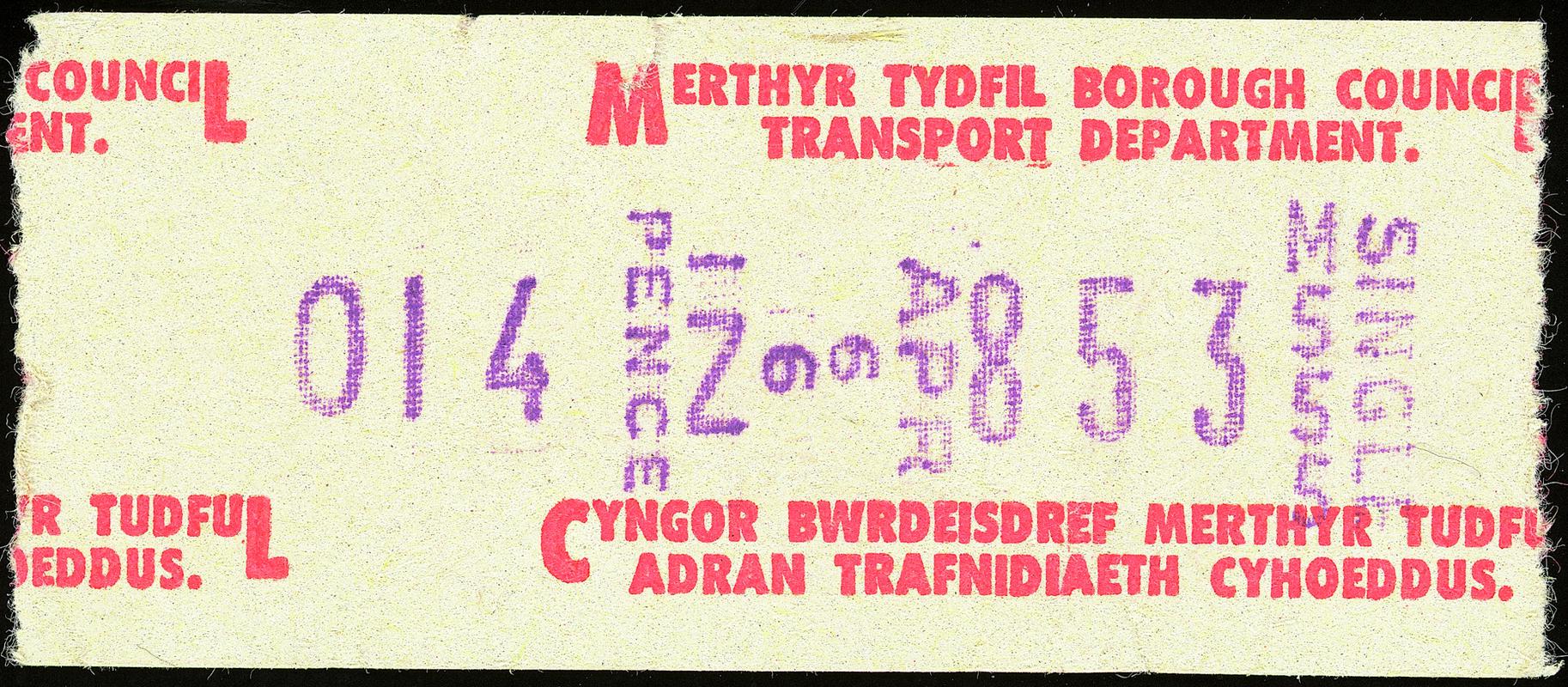 Merthyr Tydfil B.C. Transport Department, bus ticket