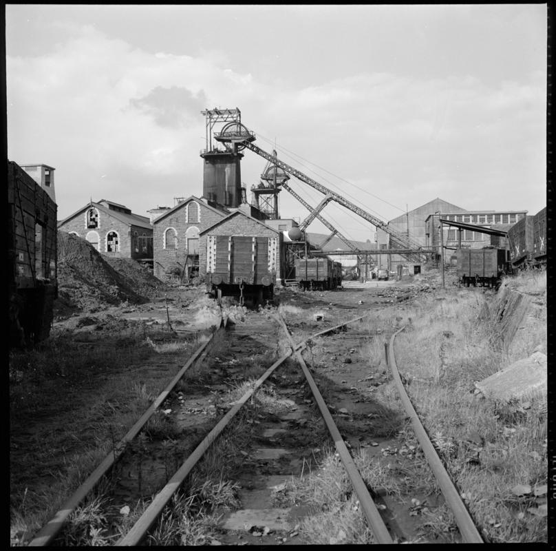 Black and white film negative showing a surface view of Abercynon Colliery.  'Abercynon 1972' is transcribed from original negative bag.
