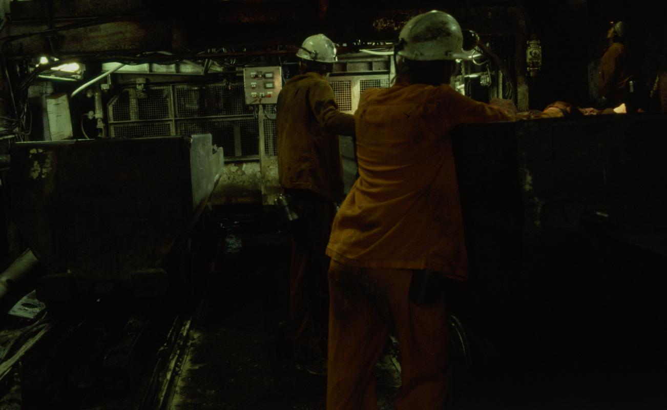 Colour film slide showing miners and drams at pit top, Oakdale Colliery 21 May 1981.