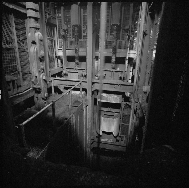 Black and white film negative showing a skip at pit bottom, Lady Windsor Colliery August 1980.  'Lady Windsor Aug 1980' is transcribed from original negative bag.  Appears to be identical to 2009.3/2650.