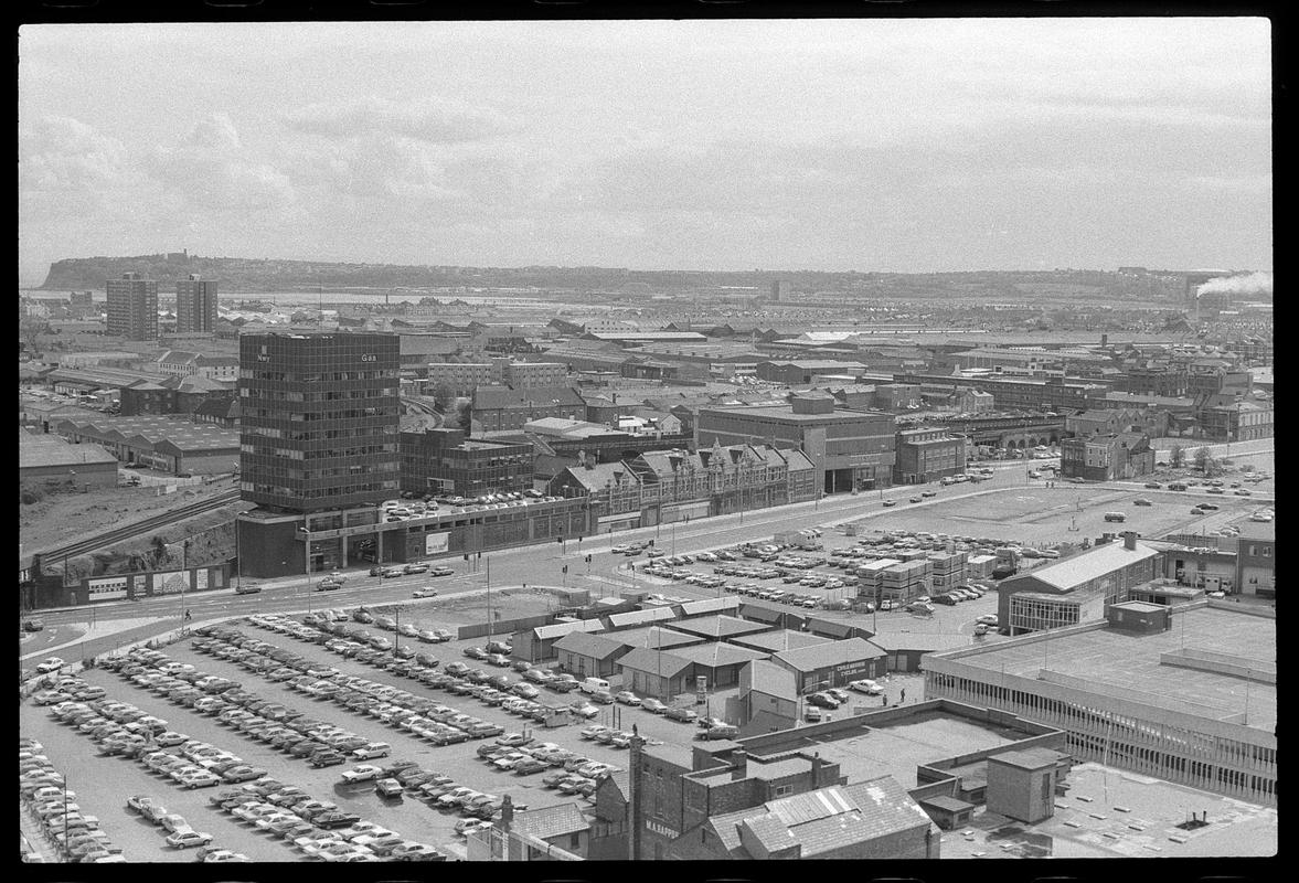 View from top of building on Churchill Way, with Snelling House in foreground and Butetown Flats in the background.