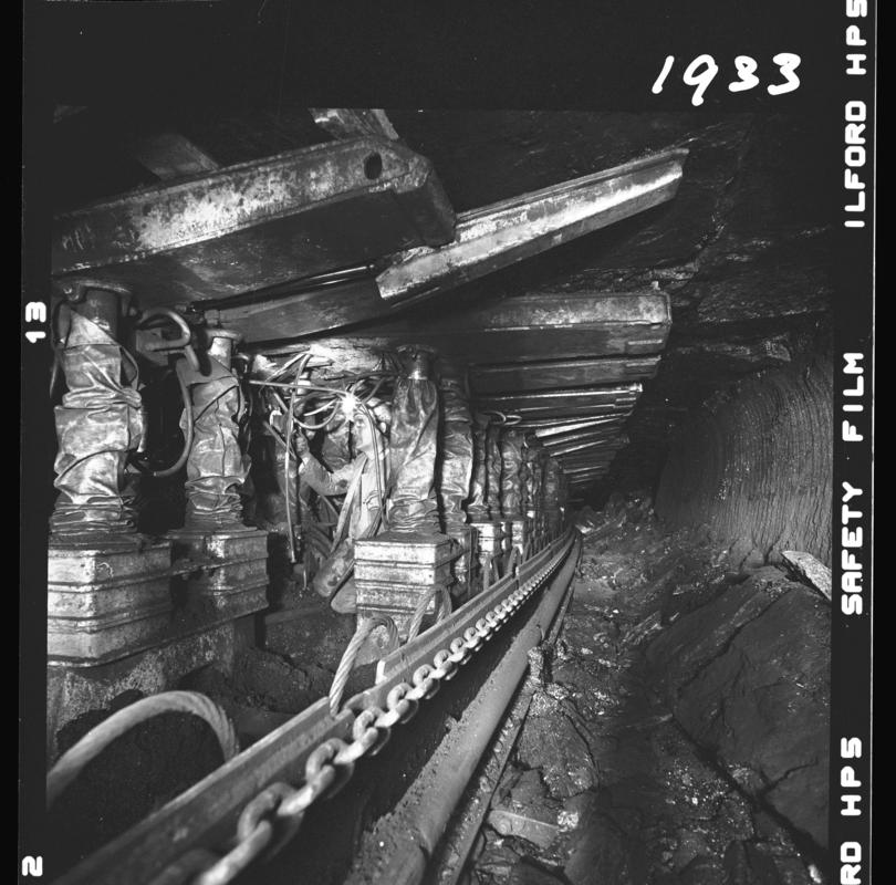 Black and white film negative showing Gullick and Dobson chocks, Oakdale Colliery, May 1980.  'Oakdale May 1980' is transcribed from original negative bag.