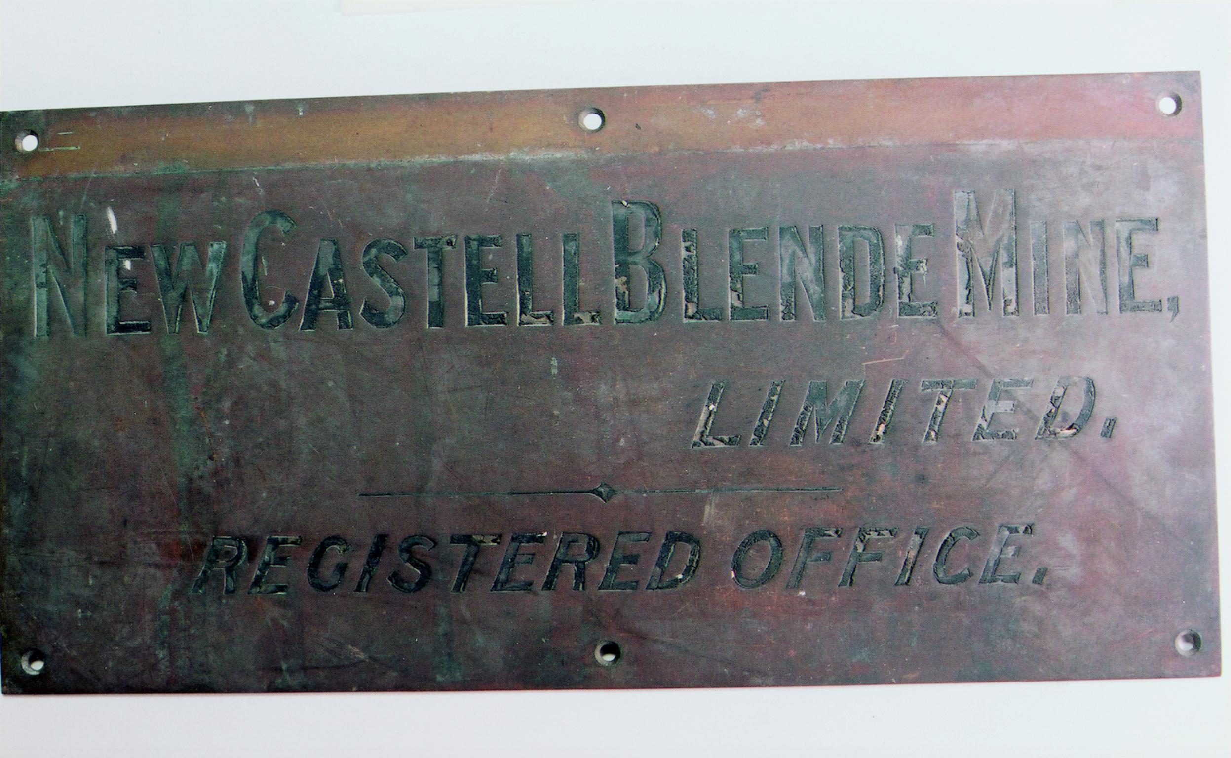 New Castell Blende Mine Ltd., name plate